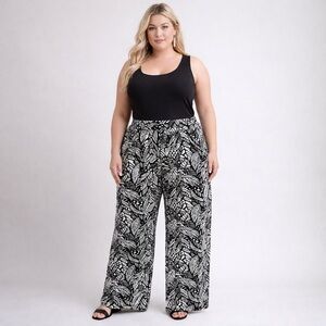 Penningtons Wide Leg Pull On Flowy Summer Pants Black White Tropical Floral 3X